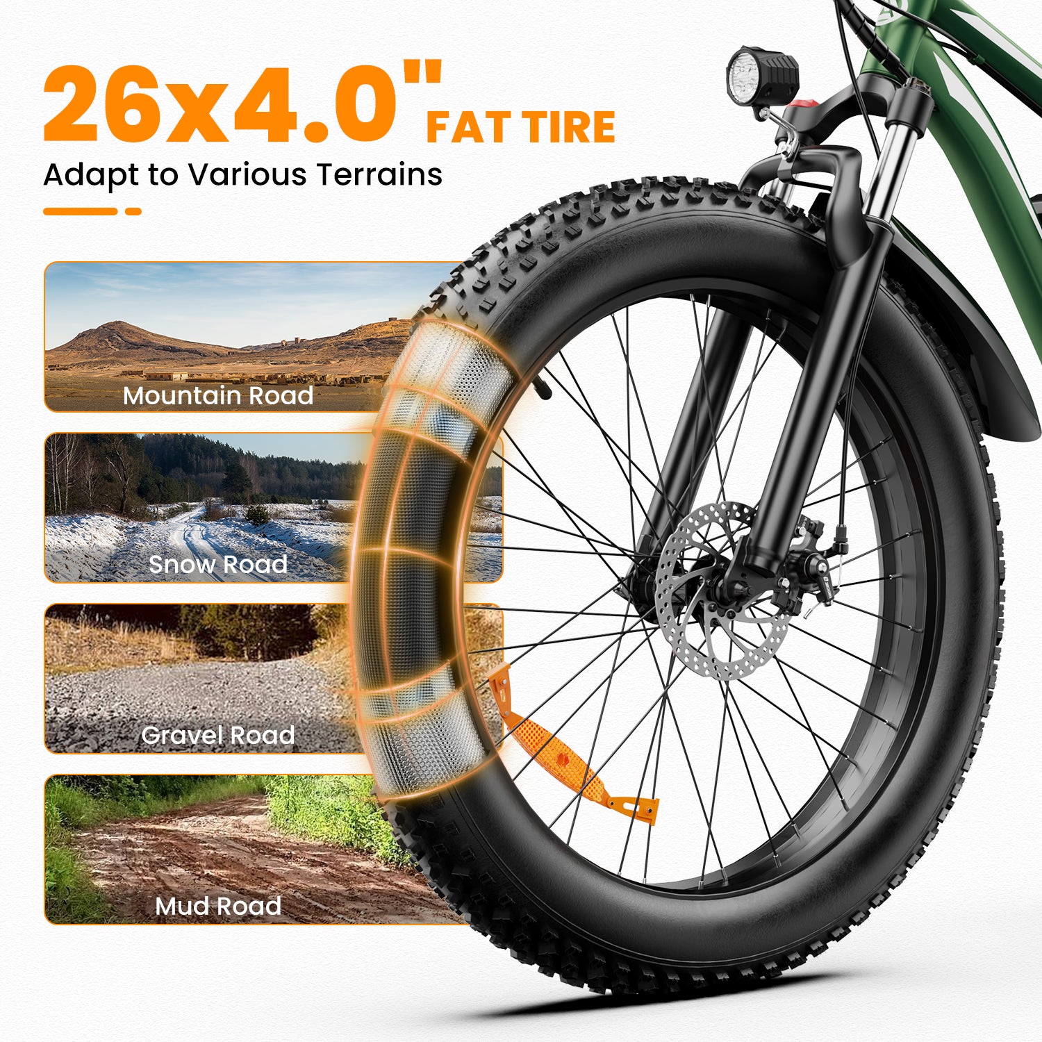 AMYET EB26 1000W Electric Bike with 26"x4" Fat Tire and 48V 15AH Battery, Max 28MPH 62Mile Range - Green
