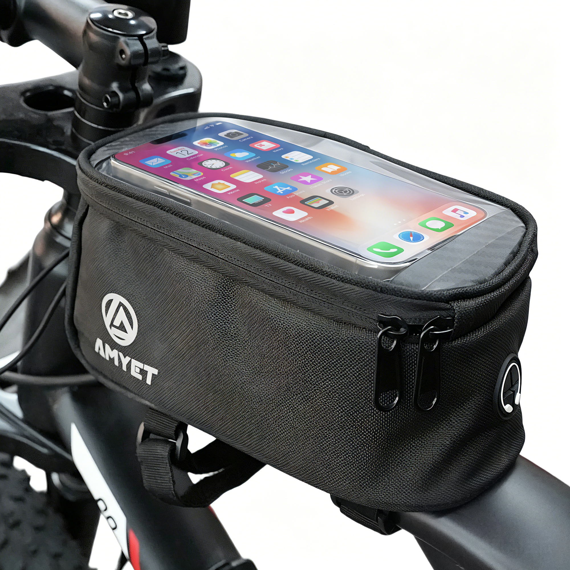 AMYET Large Waterproof Bike Phone Front Frame Bag with Touchscreen & Storage-Black