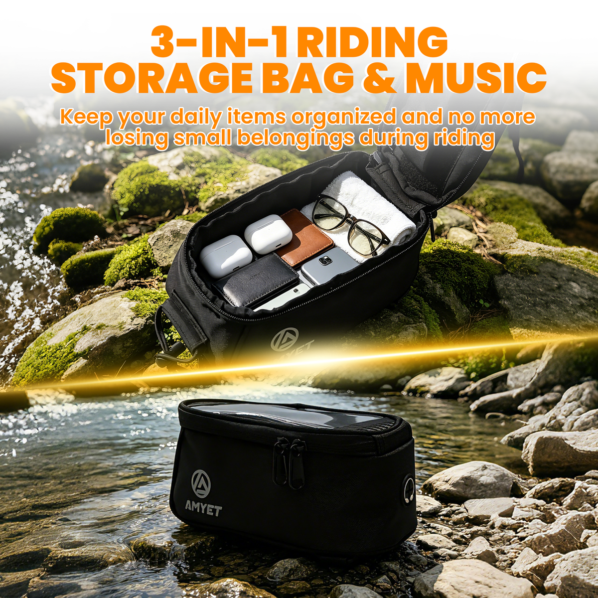 AMYET Large Waterproof Bike Phone Front Frame Bag with Touchscreen & Storage-Black