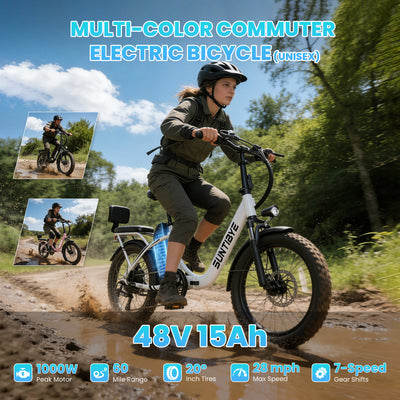 Amyet SE1 Foldable Electric Bike for Adults 1000W Peak Motor, 48V 15AH (720WH) Battery, 20" x3.0 Fat Tire Ebike 28mph 7 Speed Gears Commuter Electric Bicycle E-Bike, White