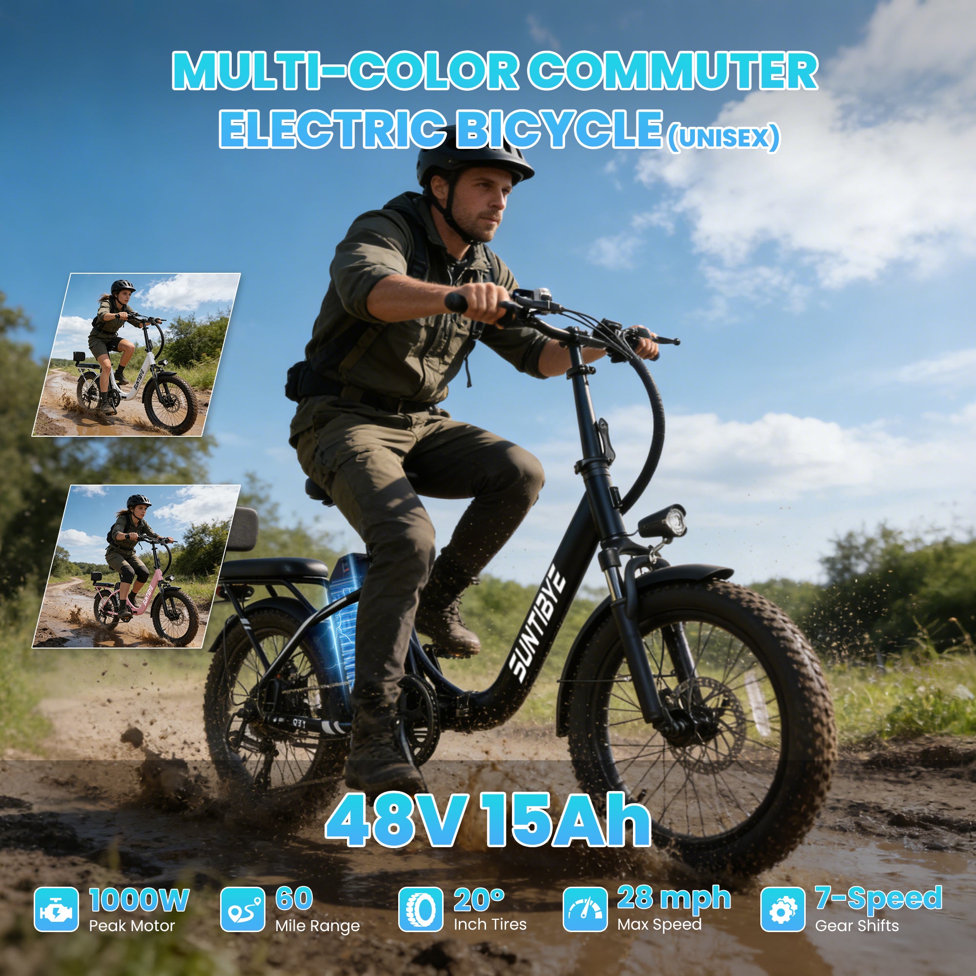 Amyet SE1 Foldable Electric Bike for Adults 1000W Peak Motor, 48V 15AH (720WH) Battery, 20" x3.0 Fat Tire Ebike 28mph 7 Speed Gears Commuter Electric Bicycle E-Bike,Black