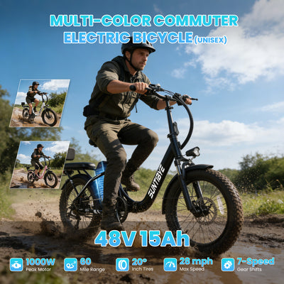 Amyet SE1 Foldable Electric Bike for Adults 1000W Peak Motor, 48V 15AH (720WH) Battery, 20" x3.0 Fat Tire Ebike 28mph 7 Speed Gears Commuter Electric Bicycle E-Bike,Black