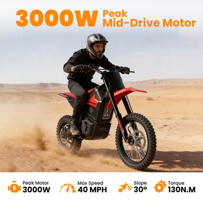 AMYET VT300 Peak 3000W Electric Motorcycle for Teenagers,Electric Bike for Adults with 48V/23.4AH Battery Electric Dirt Bike Max 40MPH Ebike with Hydraulic Brakes,Mountain Off-Road E Dirt Bike,Red