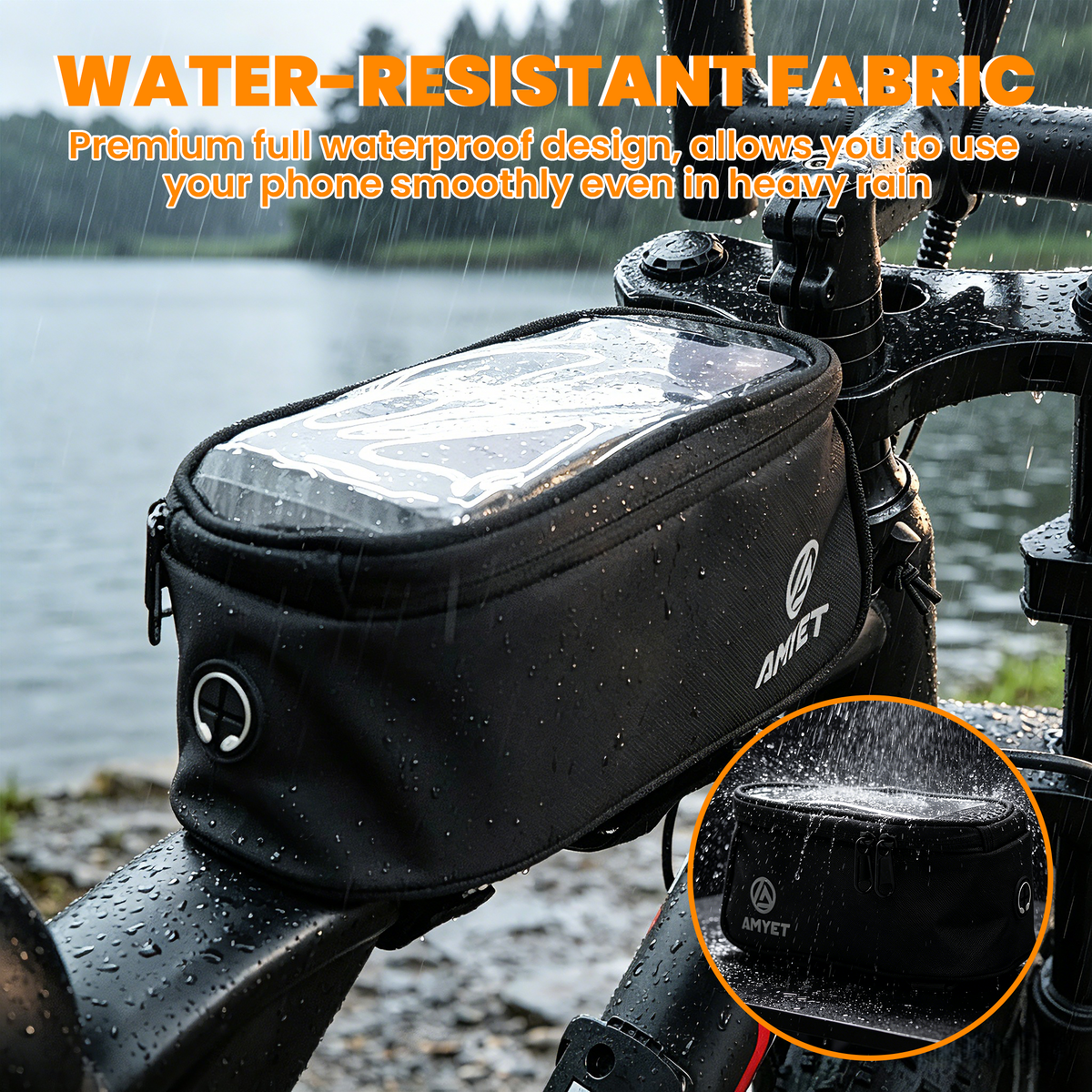 AMYET Large Waterproof Bike Phone Front Frame Bag with Touchscreen & Storage-Black