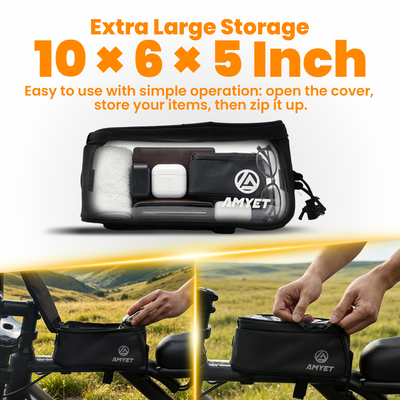 AMYET Large Waterproof Bike Phone Front Frame Bag with Touchscreen & Storage-Black