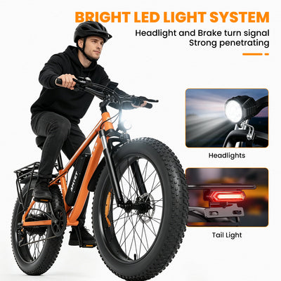 AMYET EB26 1000W Electric Bike with 26"x4" Fat Tire and 48V 15AH Battery, Max 28 MPH 60 Mile Range - Orange