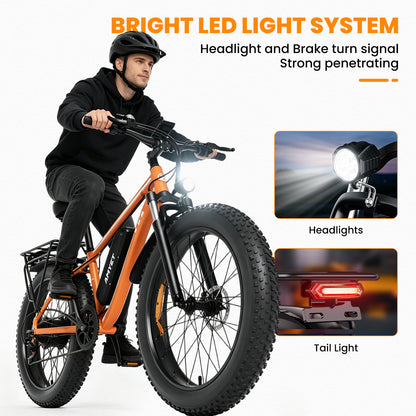 AMYET EB26 1000W Electric Bike with 26"x4" Fat Tire and 48V 15AH Battery, Max 28MPH 62Mile Range - Orange
