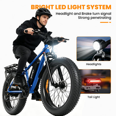 AMYET EB26 1000W Electric Bike with 26"x4" Fat Tire and 48V 15AH Battery, Max 28MPH 60Miles Range - Blue