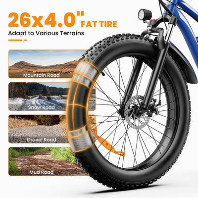 AMYET EB26 1000W Electric Bike with 26"x4" Fat Tire and 48V 15AH Battery, Max 28MPH 60Miles Range - Blue