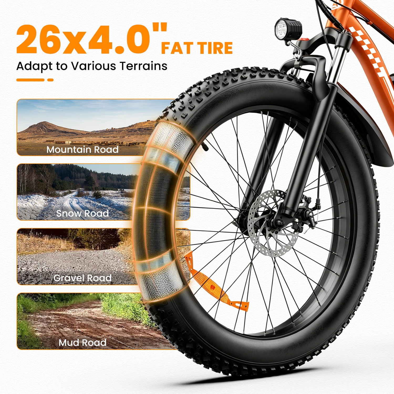 AMYET EB26 1000W Electric Bike with 26"x4" Fat Tire and 48V 15AH Battery, Max 28MPH 62Mile Range - Orange