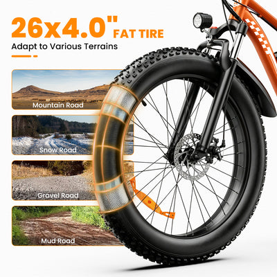 AMYET EB26 1000W Electric Bike with 26"x4" Fat Tire and 48V 15AH Battery, Max 28 MPH 60 Mile Range - Orange