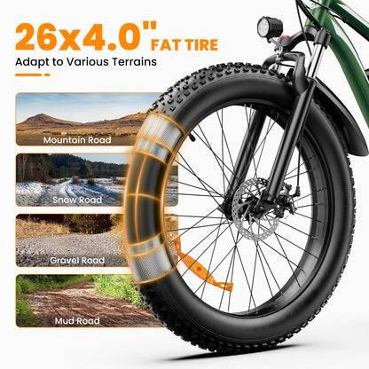 AMYET EB26 1000W Electric Bike with 26"x4" Fat Tire and 48V 15AH Battery, Max 28MPH 62Mile Range - Green