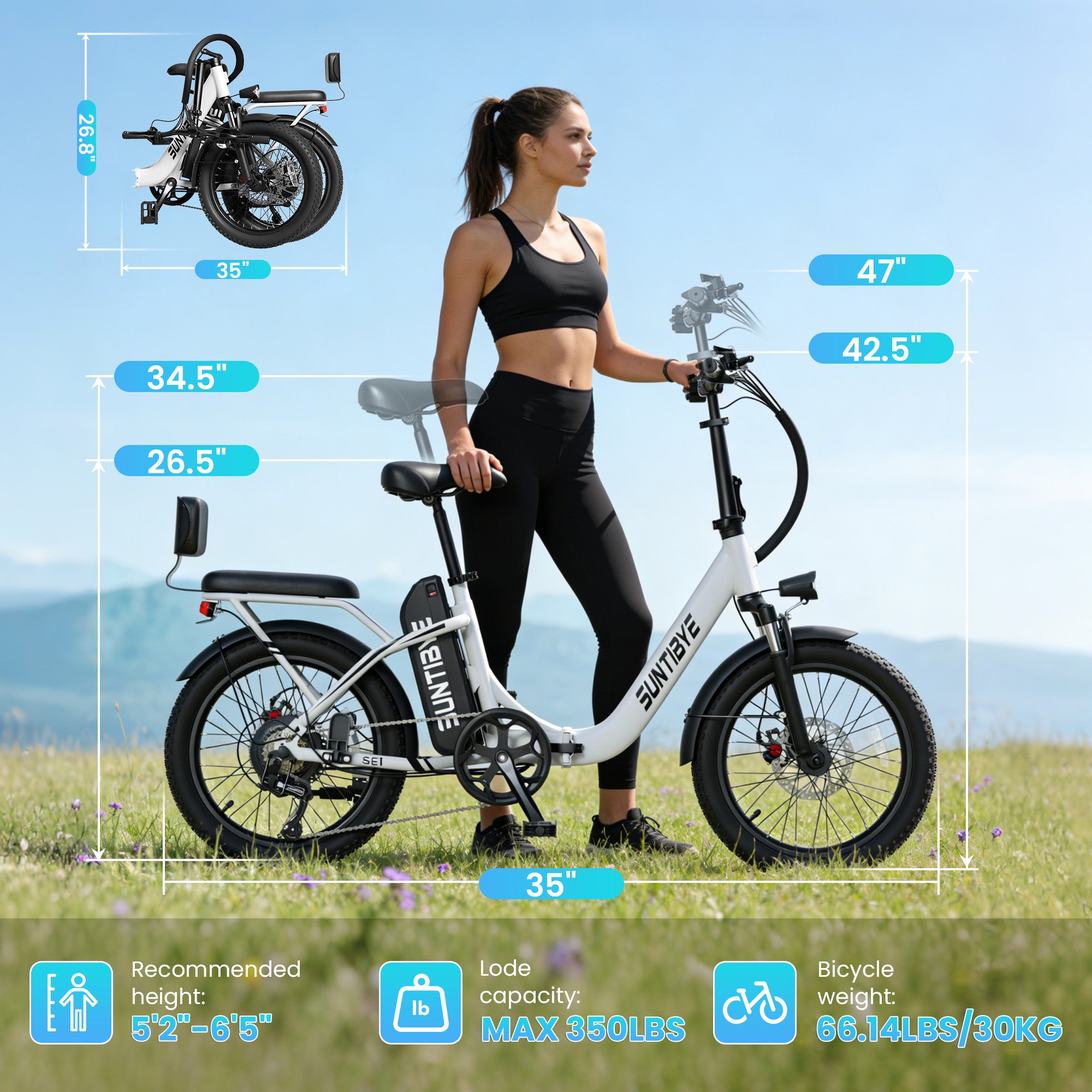 Amyet SE1 Foldable Electric Bike for Adults 1000W Peak Motor, 48V 15AH (720WH) Battery, 20" x3.0 Fat Tire Ebike 28mph 7 Speed Gears Commuter Electric Bicycle E-Bike, White