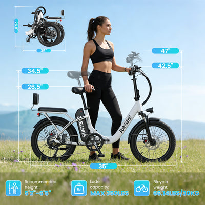 Amyet SE1 Foldable Electric Bike for Adults 1000W Peak Motor, 48V 15AH (720WH) Battery, 20" x3.0 Fat Tire Ebike 28mph 7 Speed Gears Commuter Electric Bicycle E-Bike, White