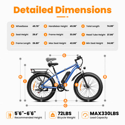 AMYET EB26 1000W Electric Bike with 26"x4" Fat Tire and 48V 15AH Battery, Max 28MPH 60Miles Range - Blue