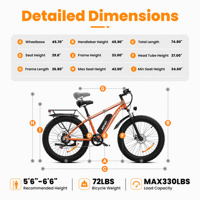 AMYET EB26 1000W Electric Bike with 26"x4" Fat Tire and 48V 15AH Battery, Max 28 MPH 60 Mile Range - Orange