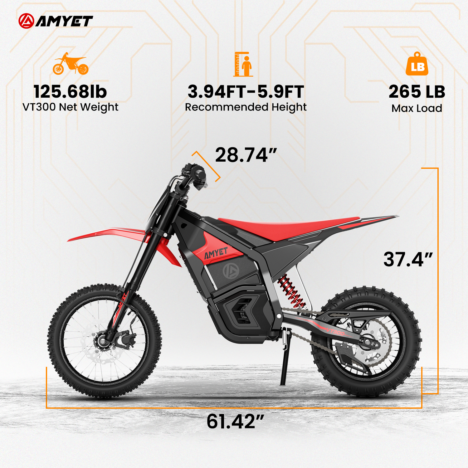 AMYET VT300 Peak 3000W Electric Motorcycle for Teenagers,Electric Bike for Adults with 48V/23.4AH Battery Electric Dirt Bike Max 40MPH Ebike with Hydraulic Brakes,Mountain Off-Road E Dirt Bike,Red