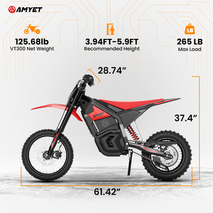 AMYET VT300 Peak 3000W Electric Motorcycle for Teenagers,Electric Bike for Adults with 48V/23.4AH Battery Electric Dirt Bike Max 40MPH Ebike with Hydraulic Brakes,Mountain Off-Road E Dirt Bike,Red